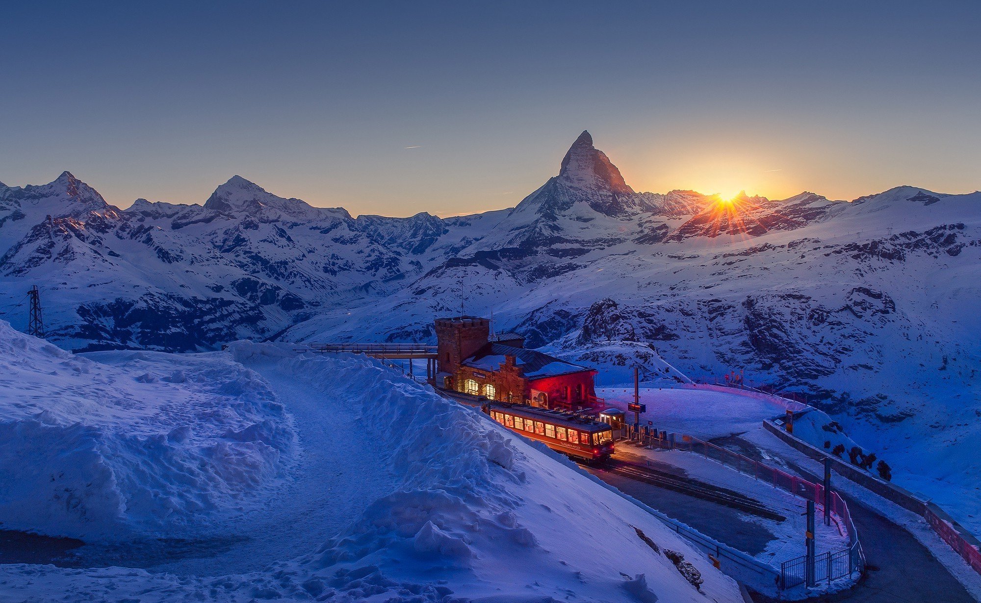 landscape, Lights, Matterhorn, Mountain, Nature, Road, Snow, Sunset, Switzerland, Train Wallpaper