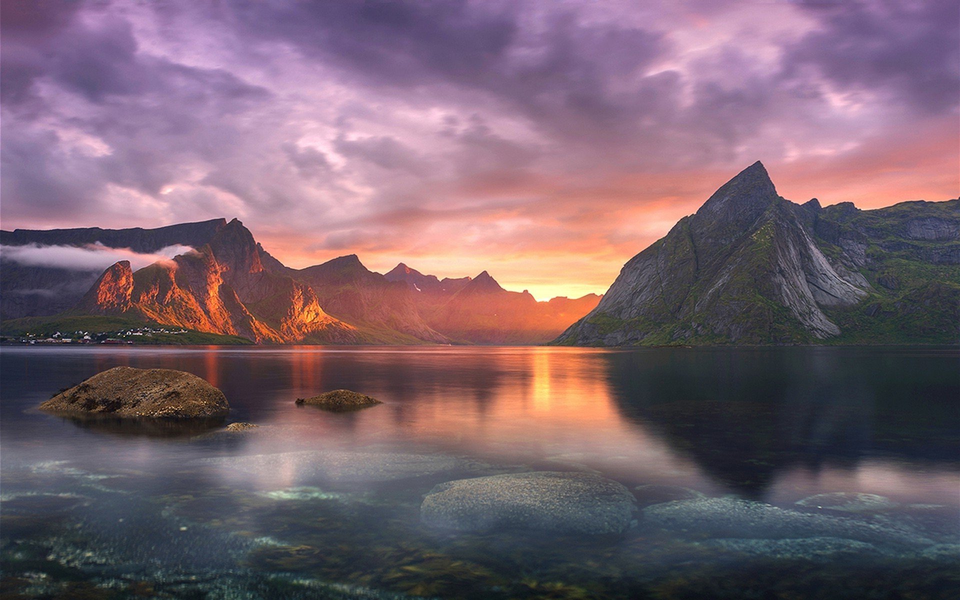 clouds, Lake, Landscape, Lofoten, Mountain, Nature, Sky, Sun, Rays, Sunlight, Sunset, Village Wallpaper