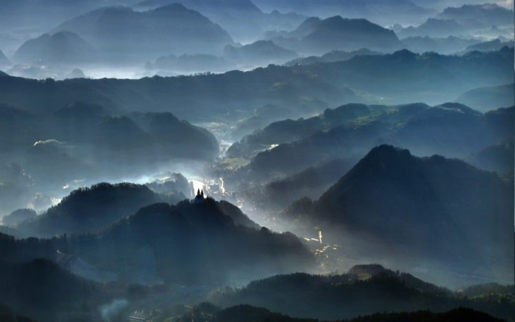 aerial, View, Blue, Forest, Landscape, Mist, Mountain, Nature, Sun, Rays, Sunrise, Valley HD Wallpaper Desktop Background