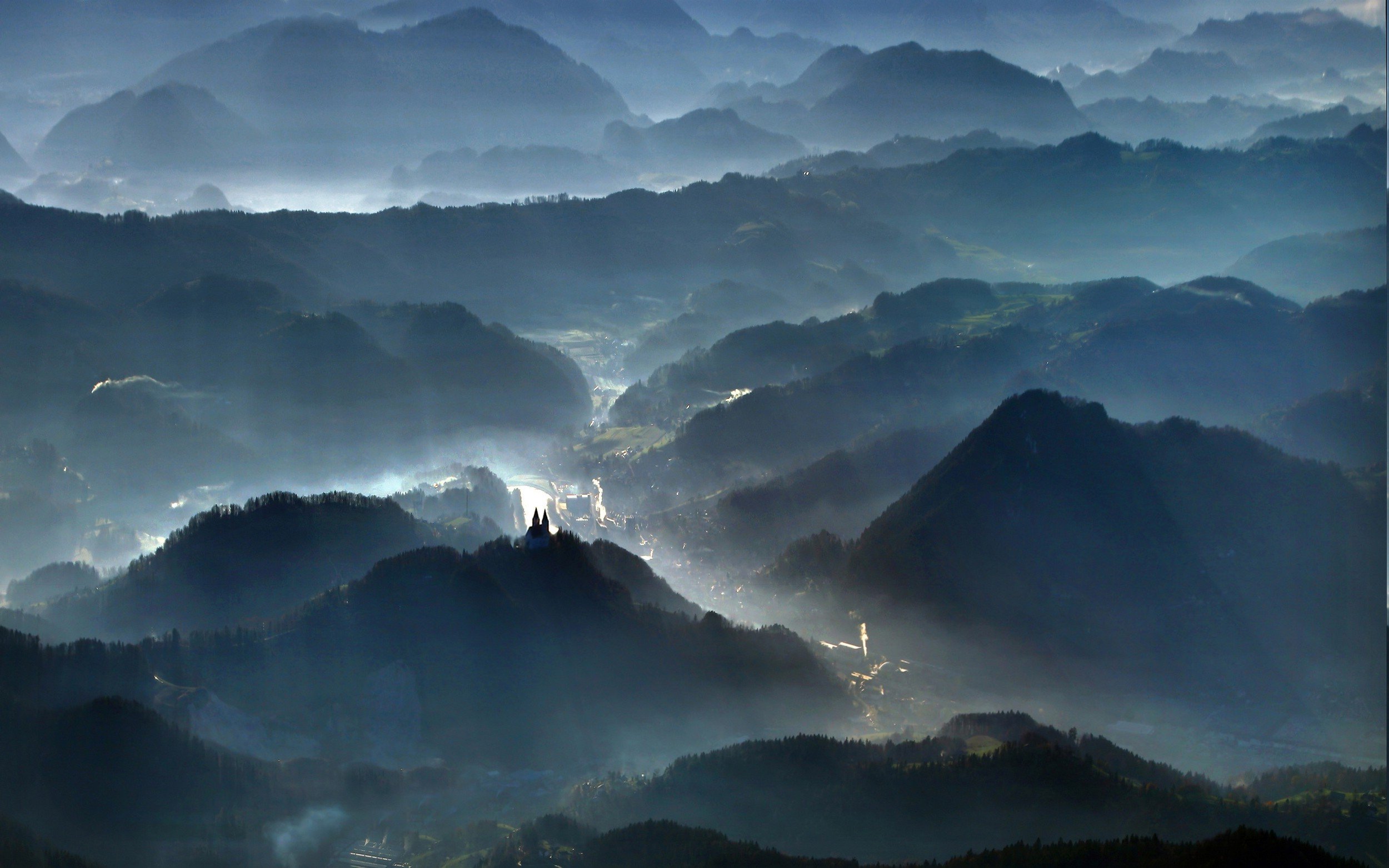 aerial, View, Blue, Forest, Landscape, Mist, Mountain, Nature, Sun, Rays, Sunrise, Valley Wallpaper