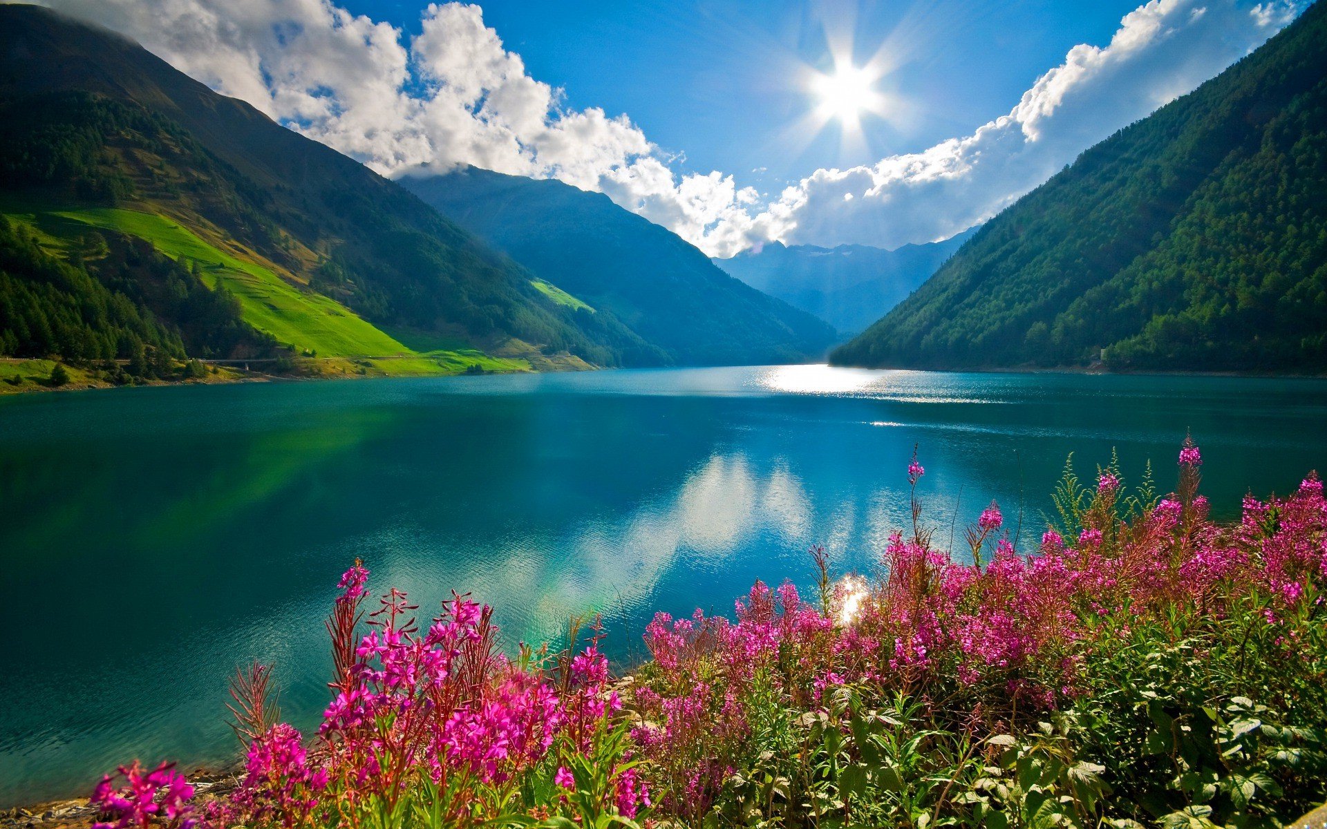 clouds, Landscape, Mountain, Nature, Pink, Flowers, River, Sun Wallpaper