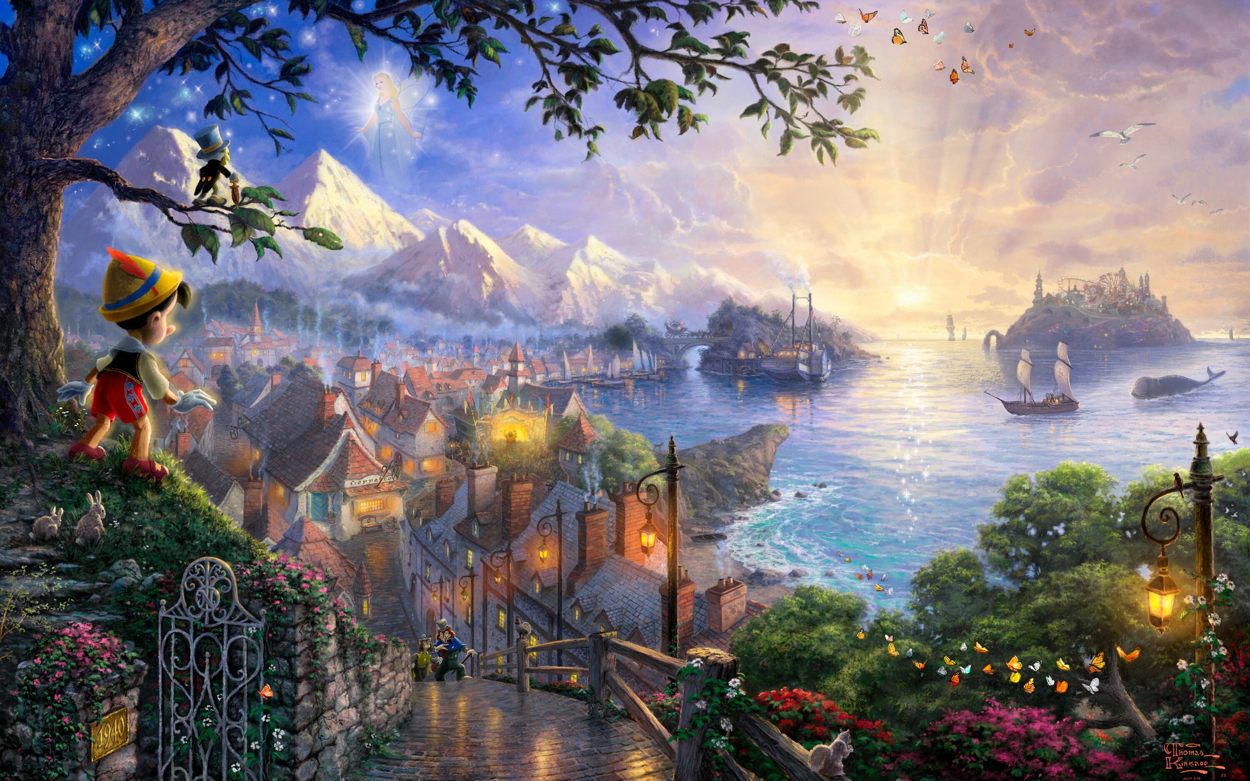 sunset, Landscapes, Disney, Company, Movies, Ships, Fantasy, Art, Pinocchio, Villages, Thomas, Kinkade, Fairy, Tales Wallpaper