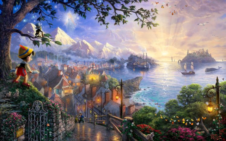 sunset, Landscapes, Disney, Company, Movies, Ships, Fantasy, Art, Pinocchio, Villages, Thomas, Kinkade, Fairy, Tales HD Wallpaper Desktop Background