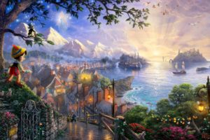 sunset, Landscapes, Disney, Company, Movies, Ships, Fantasy, Art, Pinocchio, Villages, Thomas, Kinkade, Fairy, Tales