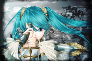 vocaloid, Hatsune, Miku, Knights, Blue, Eyes, Long, Hair, Weapons, Armor, Green, Hair, Twintails, Warriors, Gauntlets, Swords, Hair, Ornaments