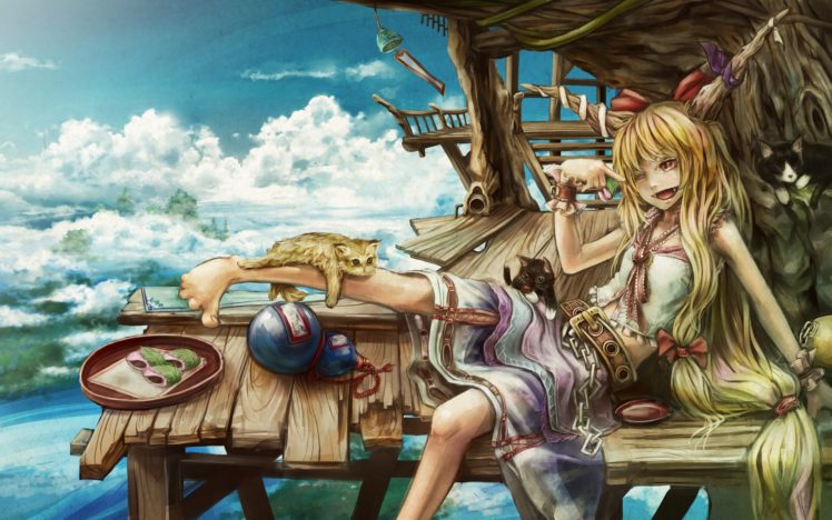 blondes, Clouds, Touhou, Cats, Food, Demons, Houses, Skirts, Horns, Long, Hair, Belts, Oni, Red, Eyes, Bows, Sitting, Drunk, Chains, Demon, Girl, Sake, Wink, Cuffs, Skyscapes, Ibuki, Suika, Sakazuki HD Wallpaper Desktop Background