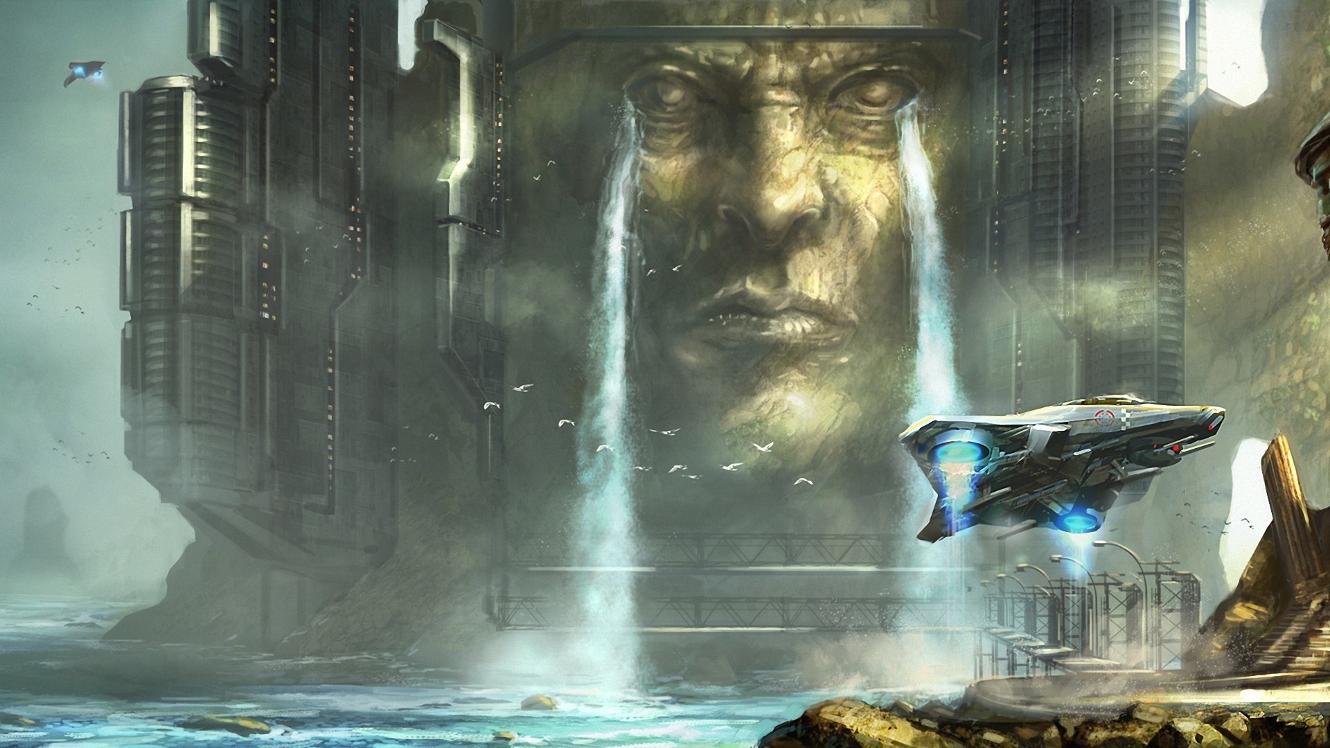 fantastic, World, Ships, Waterfalls, Fantasy, Sci fi, Science, Spaceship, Spacecraft, Art Wallpaper