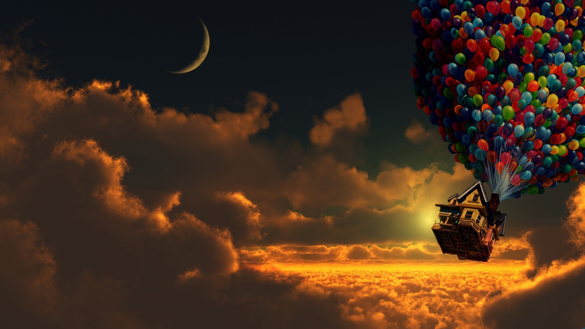 up, U p, Movies, Fantasy, Balloons, Flight, Clouds, Sky, Magic, Houses Wallpaper