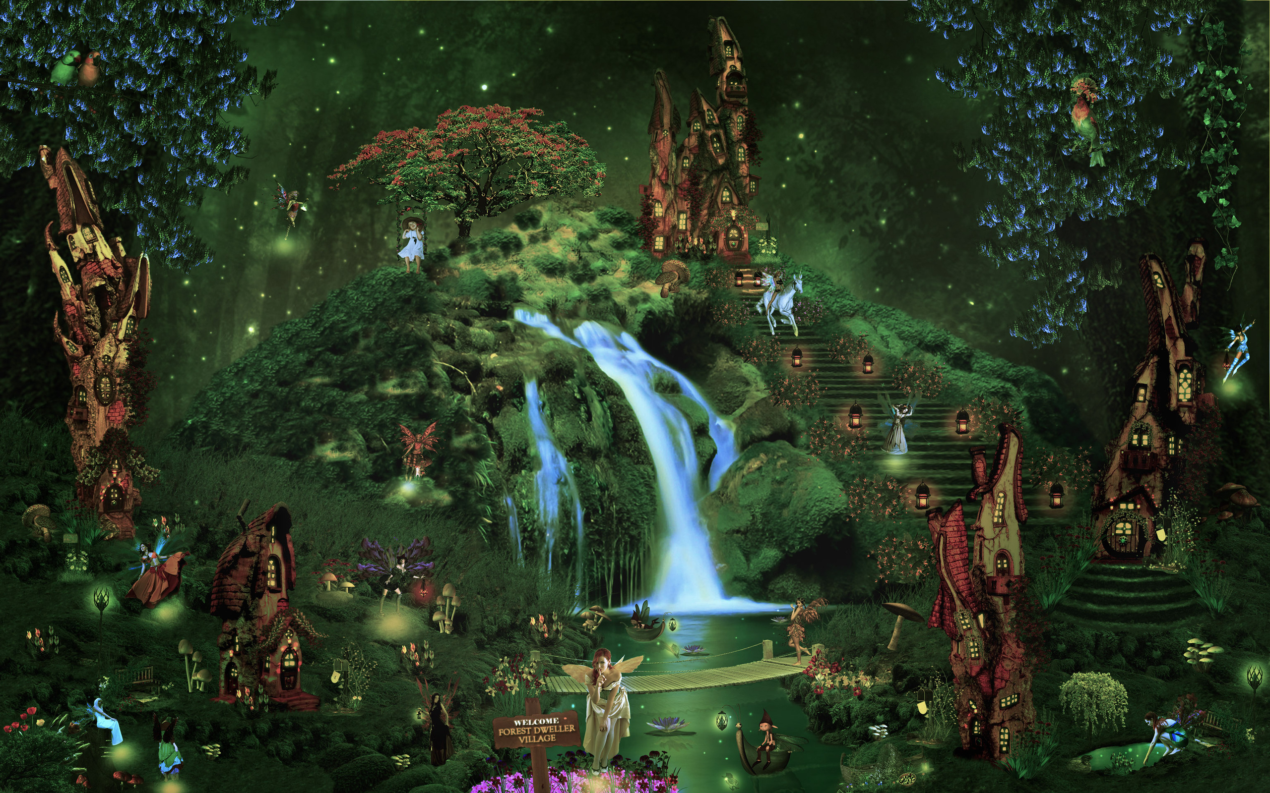 fantasy, Castle, City, Forest, Waterfall, Fairy, Elf, Magical Wallpaper