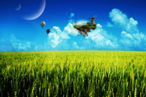 field, Island, Balloons, Fantasy, Dream, Floating, Wheat, Balloon, Sky, Creative, Landscape