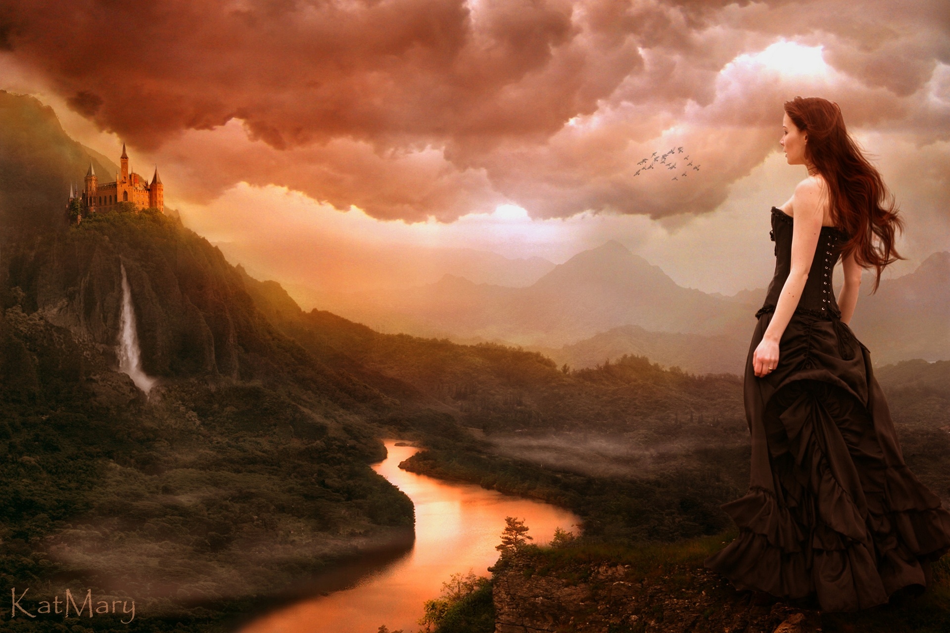 girl, Castle, Waterfall, River, Landscape, Mountains, Clouds, Birds, Gothic, Goth loli, Mood, Fantasy, Women, Redhead Wallpaper
