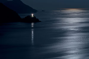 lighthouse, Coast, Night, Ocean, Sea, Reflection, Moon, Moonlight, Lights, Scenic, Shore, Mood