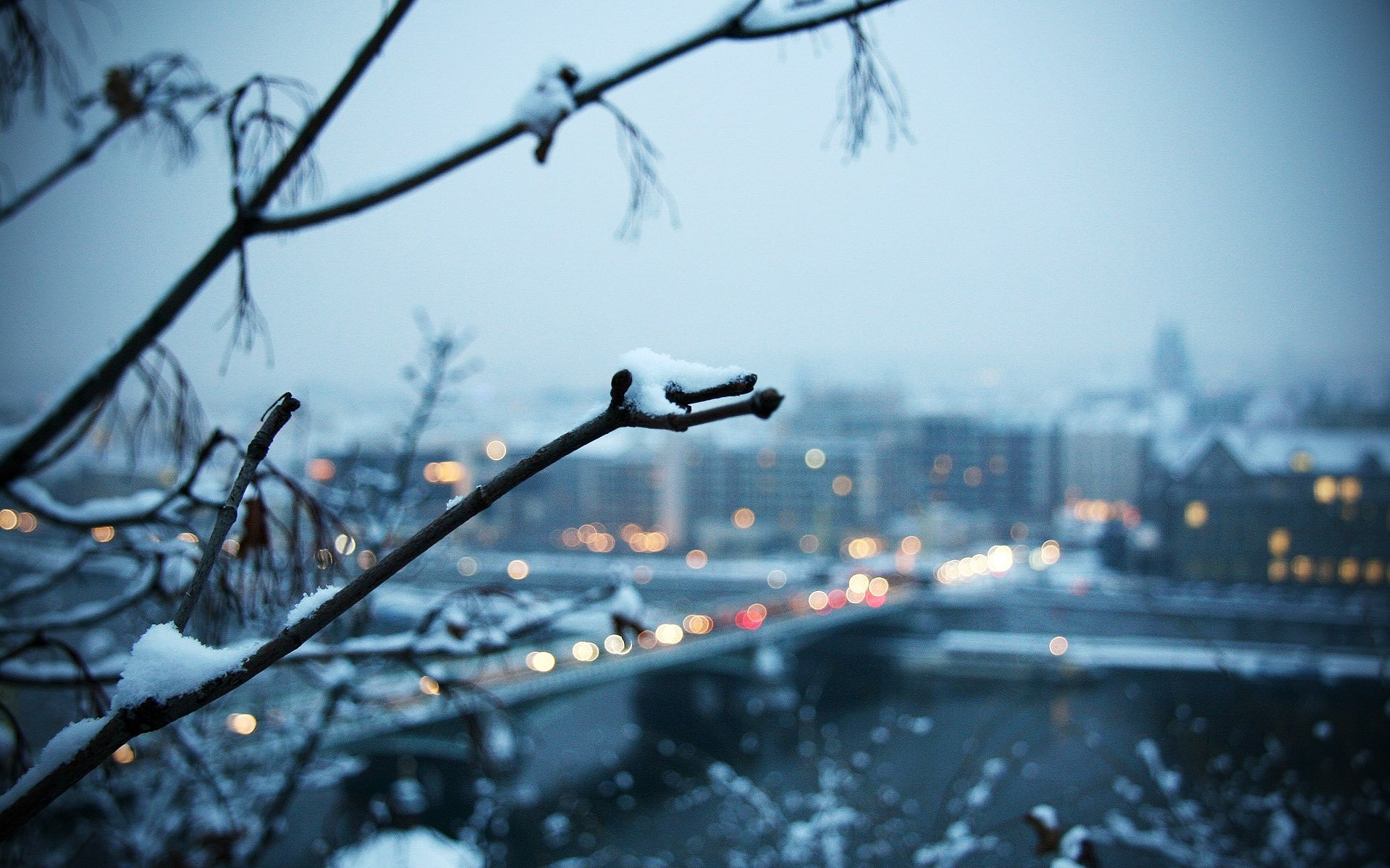 blue, Winter, Snow, Lights, Bridges, Blurred, Branches, Cities Wallpaper