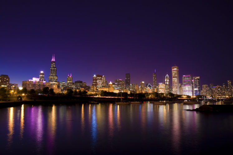 chicago, City, Town, Evening, Lights, Promenade, Boat, Park, Reflection HD Wallpaper Desktop Background