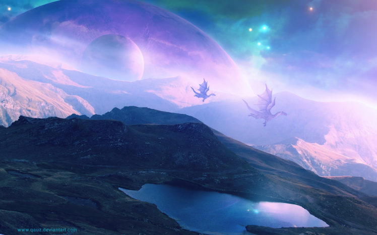 dragon, Purple, Landscape, Planets, Fantasy HD Wallpaper Desktop Background