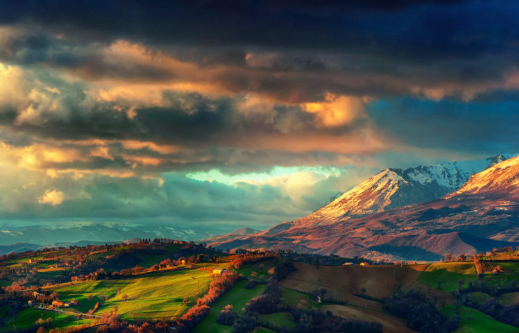 italy, The, Apennines, The, Mountain, The, Mountain, Range, Monti, Sibillini, Spring, March, Storm, Clouds, The, Sky, The, Valley, Fields, Houses HD Wallpaper Desktop Background
