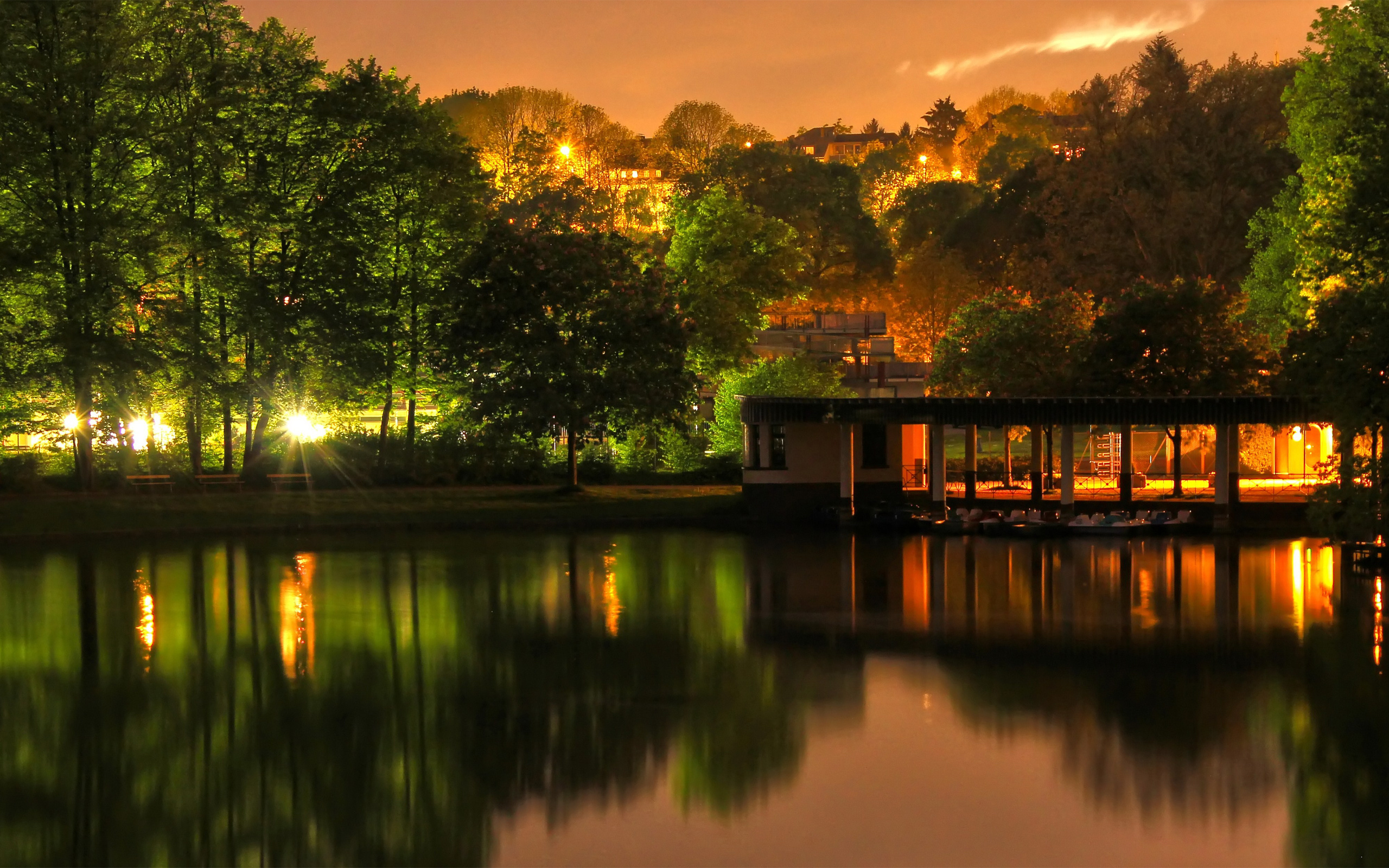 park, Light, Pond, Trees, Reflection Wallpaper