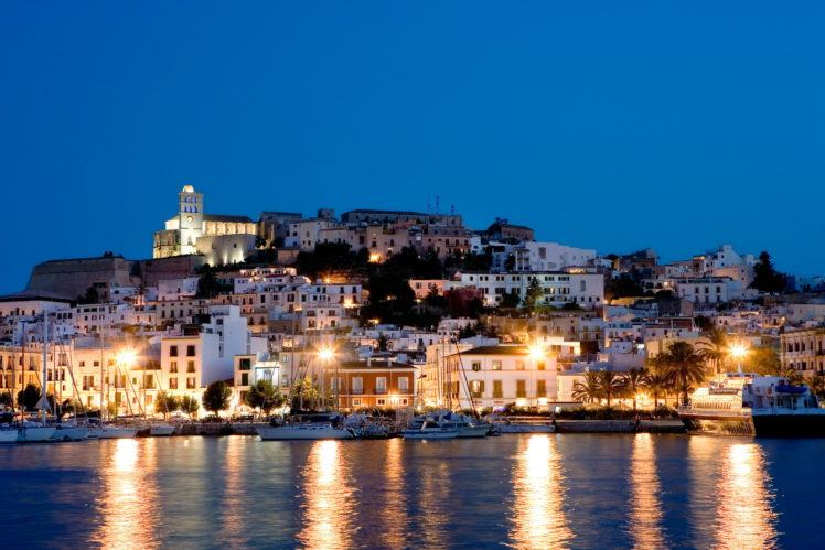 spain, Coast, Houses, Ibiza, Balearic, Islands, Night, Cities, Reflection HD Wallpaper Desktop Background