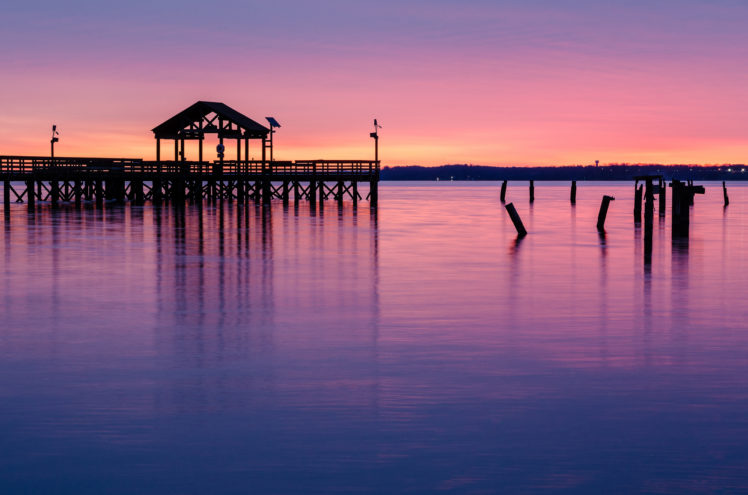 virginia, Park, Lake, Reflection, Bridge, Pier, Support, Evening, Orange, Sunset, Pink, Lilac, Sky HD Wallpaper Desktop Background