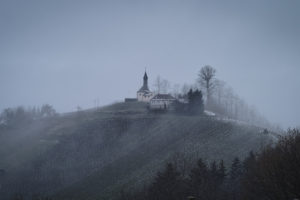 winter, Hill, House, Fog
