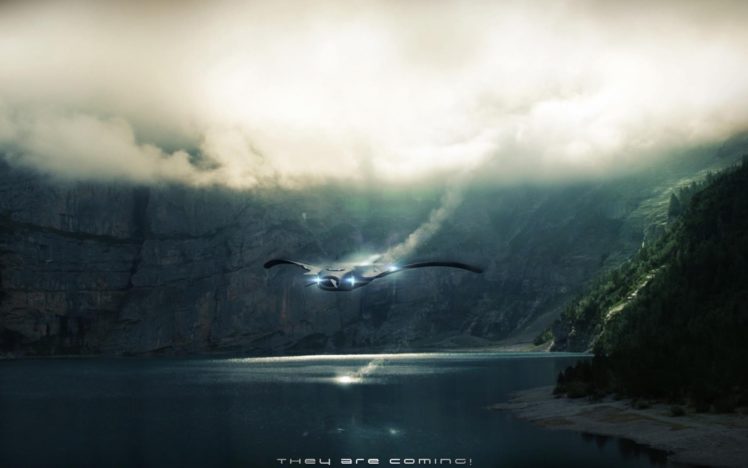 fantasy, Art, Spaceships, Ufo, Lakes, Aliens, Photoshop HD Wallpaper Desktop Background
