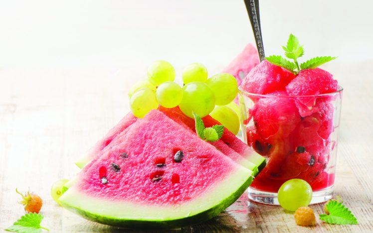 watermelon, Seeds, Slices, Grapes, Mint, Fruit, Dessert, Spoon, Cup HD Wallpaper Desktop Background
