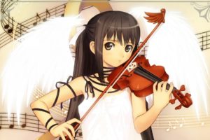 brunettes, Tony, Taka, Wings, Music, Dress, Long, Hair, Ribbons, Brown, Eyes, Violins, Instruments, Twintails, White, Dress, Anime, Girls, Black, Hair