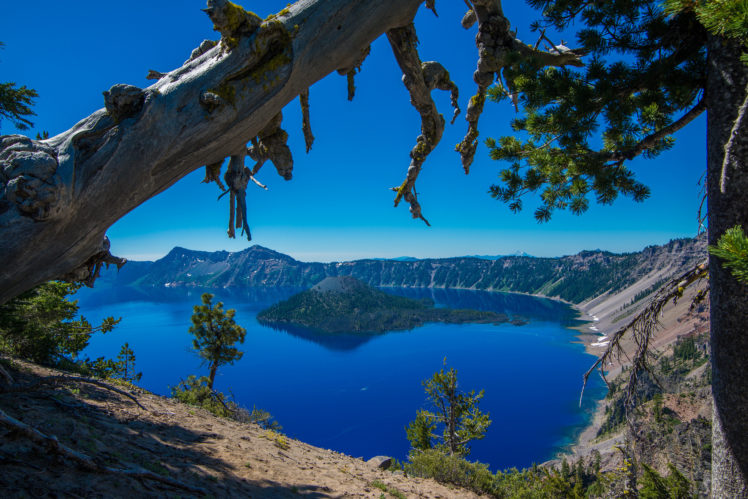 crater, Lake, Oregon, Island, Trees, Mountains, Reflection HD Wallpaper Desktop Background