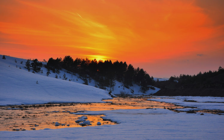 river, Sunset, Snow, Hills, Trees, Winter, Reflection HD Wallpaper Desktop Background