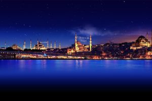 buildings, Night, Stars, Ocean, Istanbul, Sky, Reflection, City