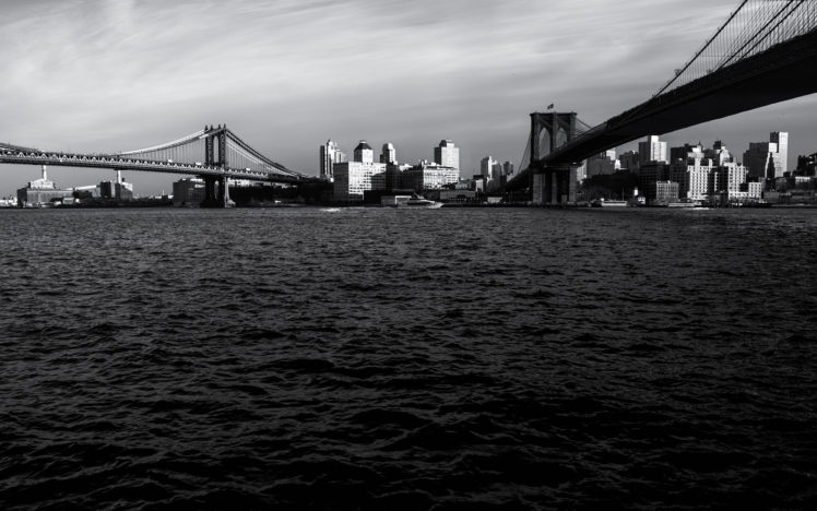 b w, Manhattan, Bridge, Bridge, New, York, Buildings, Skyscrapers, River, Brooklyn, Bridge HD Wallpaper Desktop Background