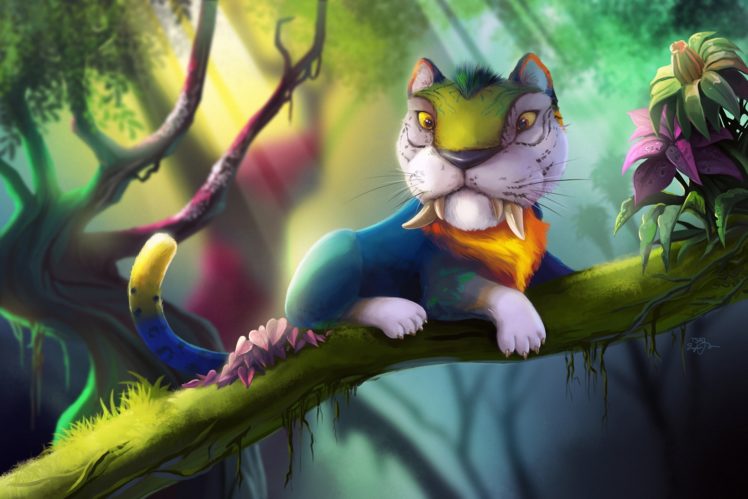 magical, Animals, Tigers, The, Croods, Branches, Fantasy, Cartoons, Tiger, Parrot HD Wallpaper Desktop Background