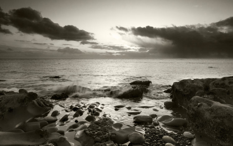 sepia, Beach, Shore, Rocks, Stones, Ocean, Clouds HD Wallpaper Desktop Background
