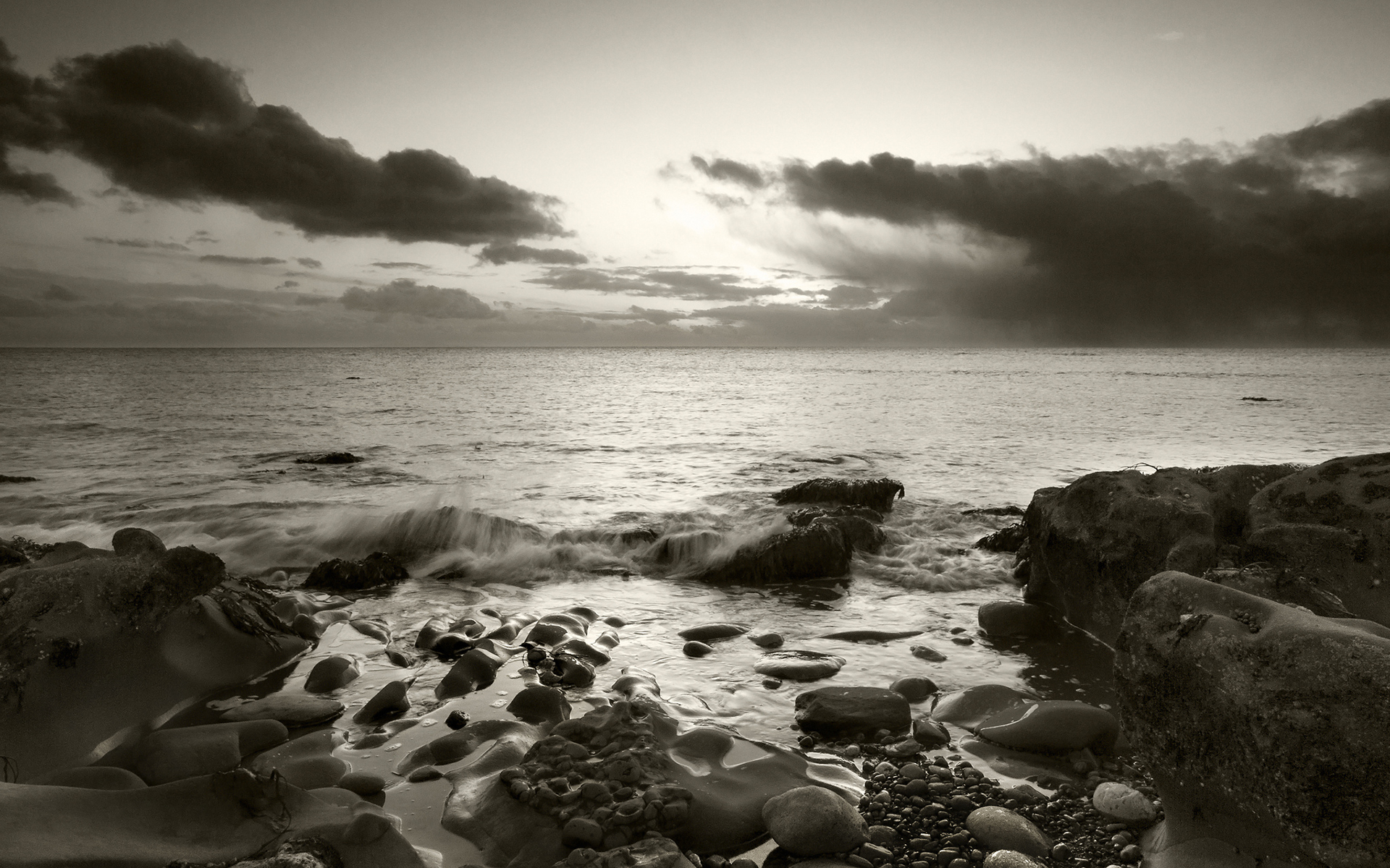 sepia, Beach, Shore, Rocks, Stones, Ocean, Clouds Wallpaper