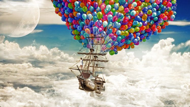 ship, Sail, Ship, Schooner, Balloons, Clouds, Moon, Balloon, Fantasy, Boat, Bokeh HD Wallpaper Desktop Background