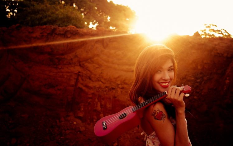 sunlight, Tattoo, Brunette, Ukulele, Guitar, Guitars HD Wallpaper Desktop Background