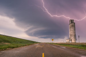 tower, Lightning, Storm, Road, Clouds