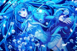 blue, Vocaloid, Dress, Flowers, Hatsune, Miku, Blue, Eyes, Moon, Long, Hair, Ribbons, Blue, Hair, Thigh, Highs, Twintails, Smiling, Bouquet, Roses