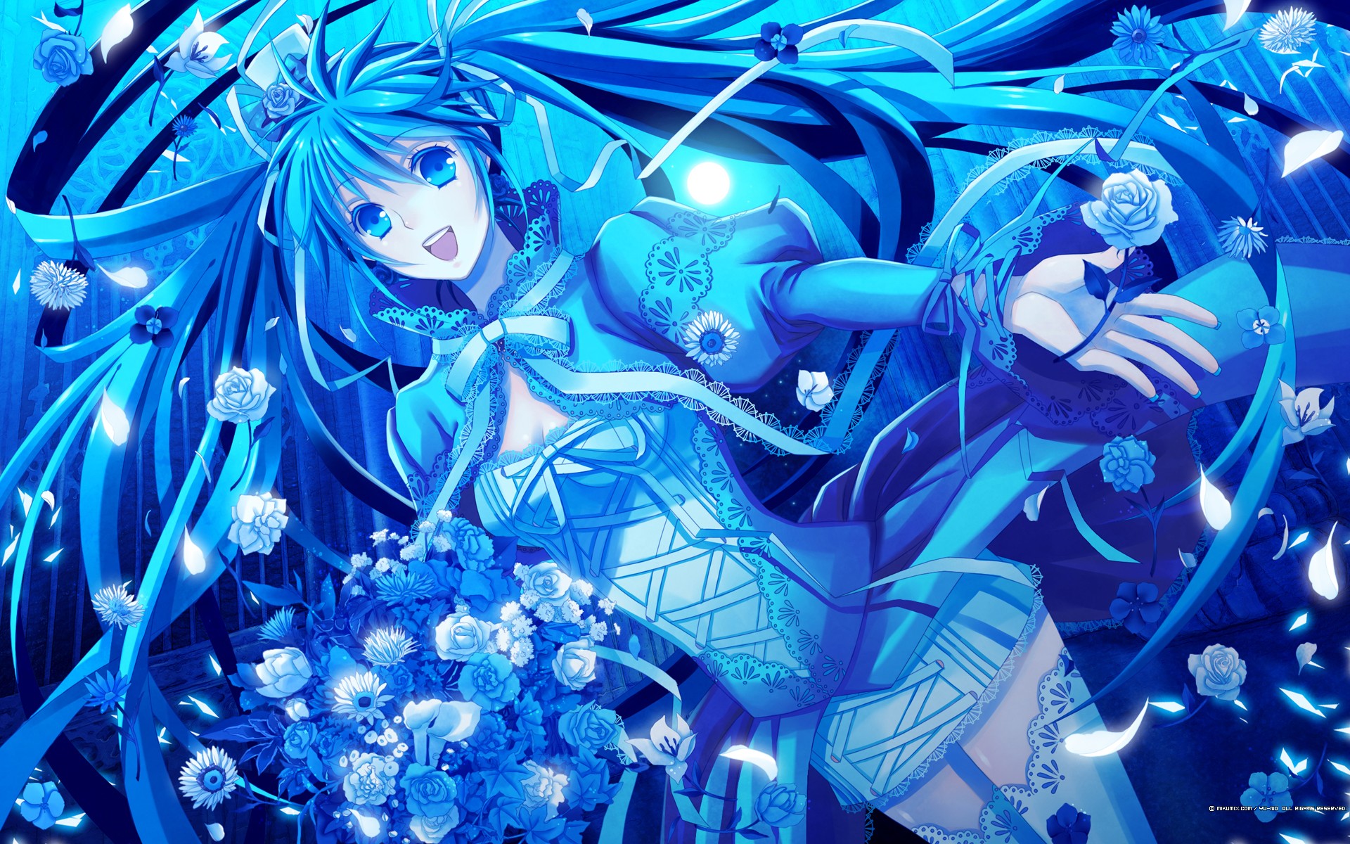 blue, Vocaloid, Dress, Flowers, Hatsune, Miku, Blue, Eyes, Moon, Long, Hair, Ribbons, Blue, Hair, Thigh, Highs, Twintails, Smiling, Bouquet, Roses Wallpaper