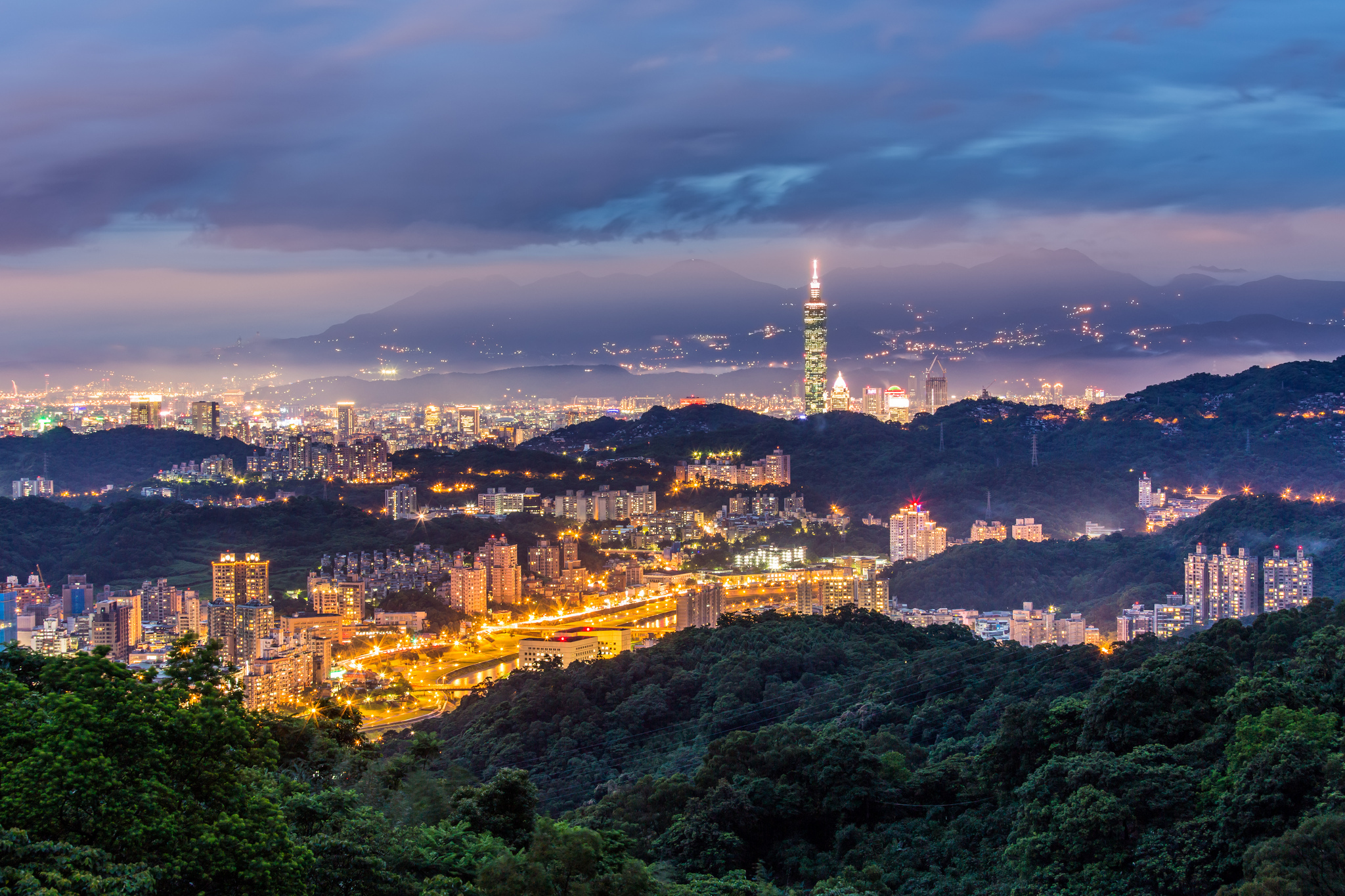 china, Taiwan, Taipei, City, Night, Dusk, Mountains, Hills, Trees, Blue, Blue, Sky, Clouds, Tower, Building, House, Lights, Lighting, Form, Height, Panorama Wallpaper