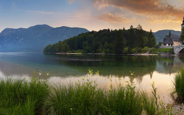 lake, Forest, Mountains, Dawn, House, Grass HD Wallpaper Desktop Background