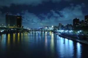river, Buildings, Night, Lights