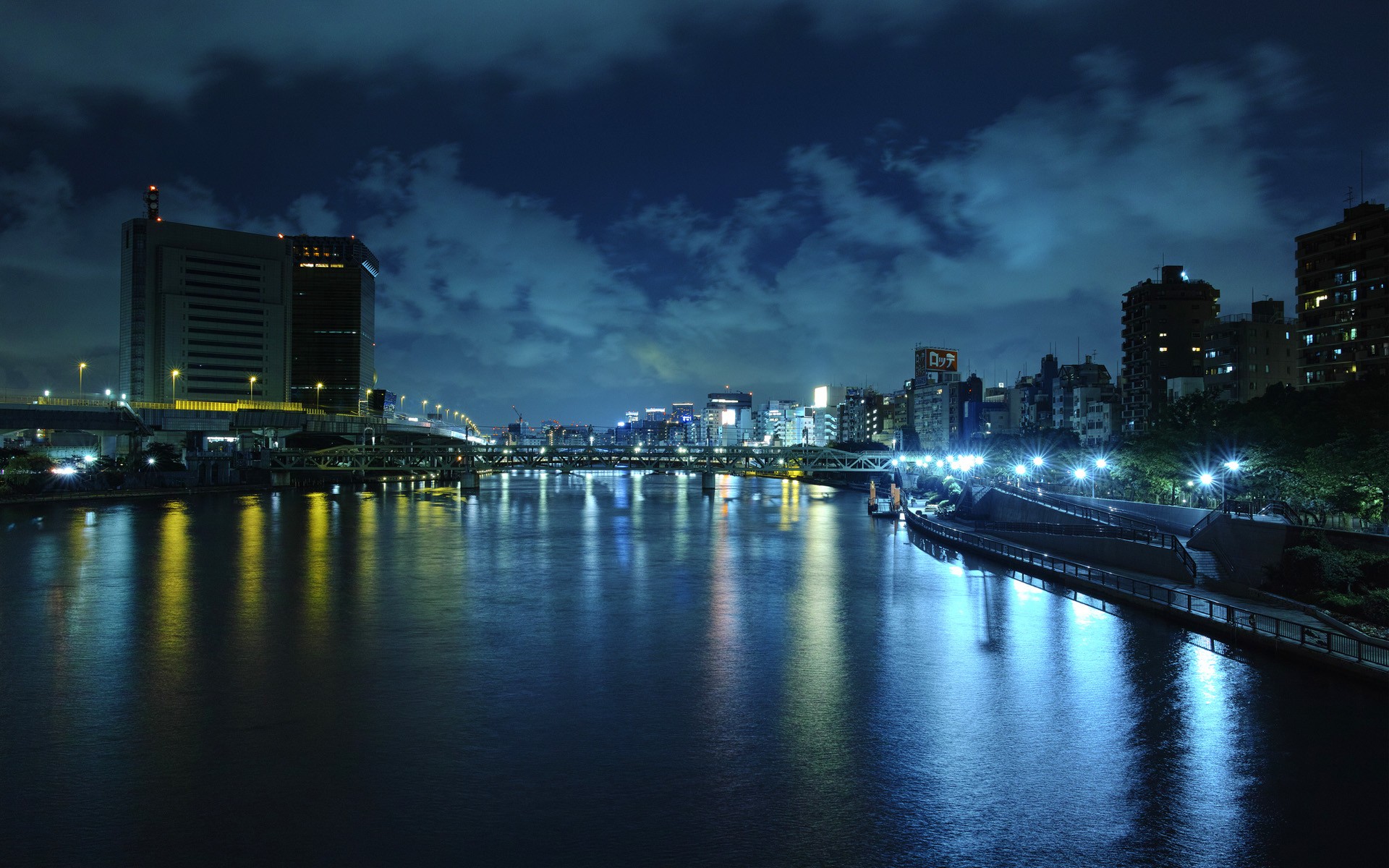 river, Buildings, Night, Lights Wallpaper