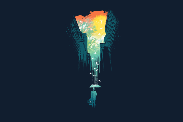 psychedelic, City, Cities, Rain, Mood, Umbrella, Bokeh, Humor, Surreal HD Wallpaper Desktop Background