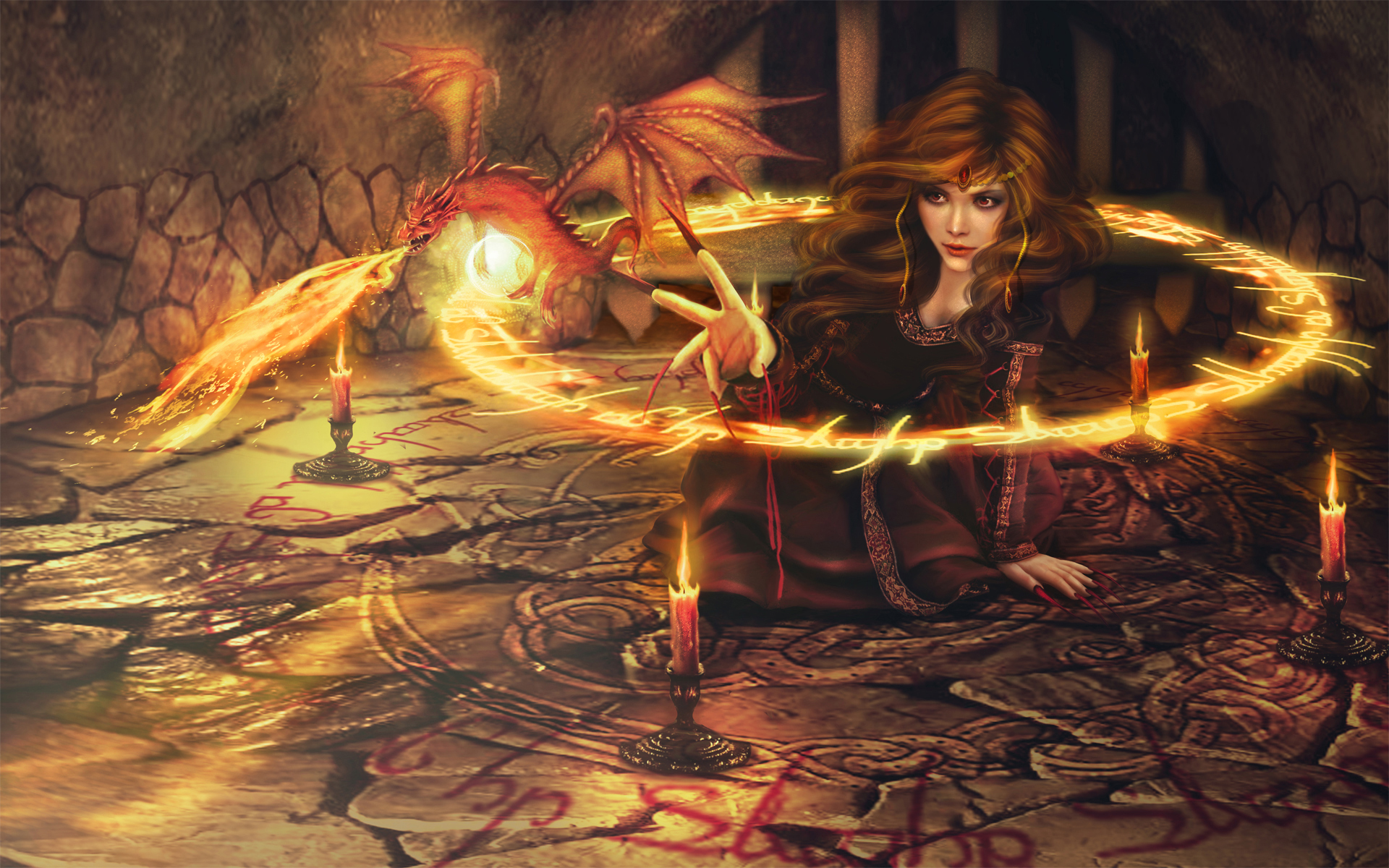 dragon, Magic, Sorceress Wallpaper