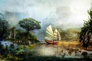 art, Guild, Wars, 2, Ship, Sailing, Scenery, Mountains, Lake, Water, Ruins, Fantasy