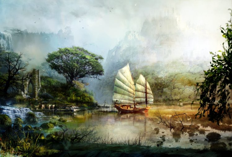 art, Guild, Wars, 2, Ship, Sailing, Scenery, Mountains, Lake, Water, Ruins, Fantasy HD Wallpaper Desktop Background