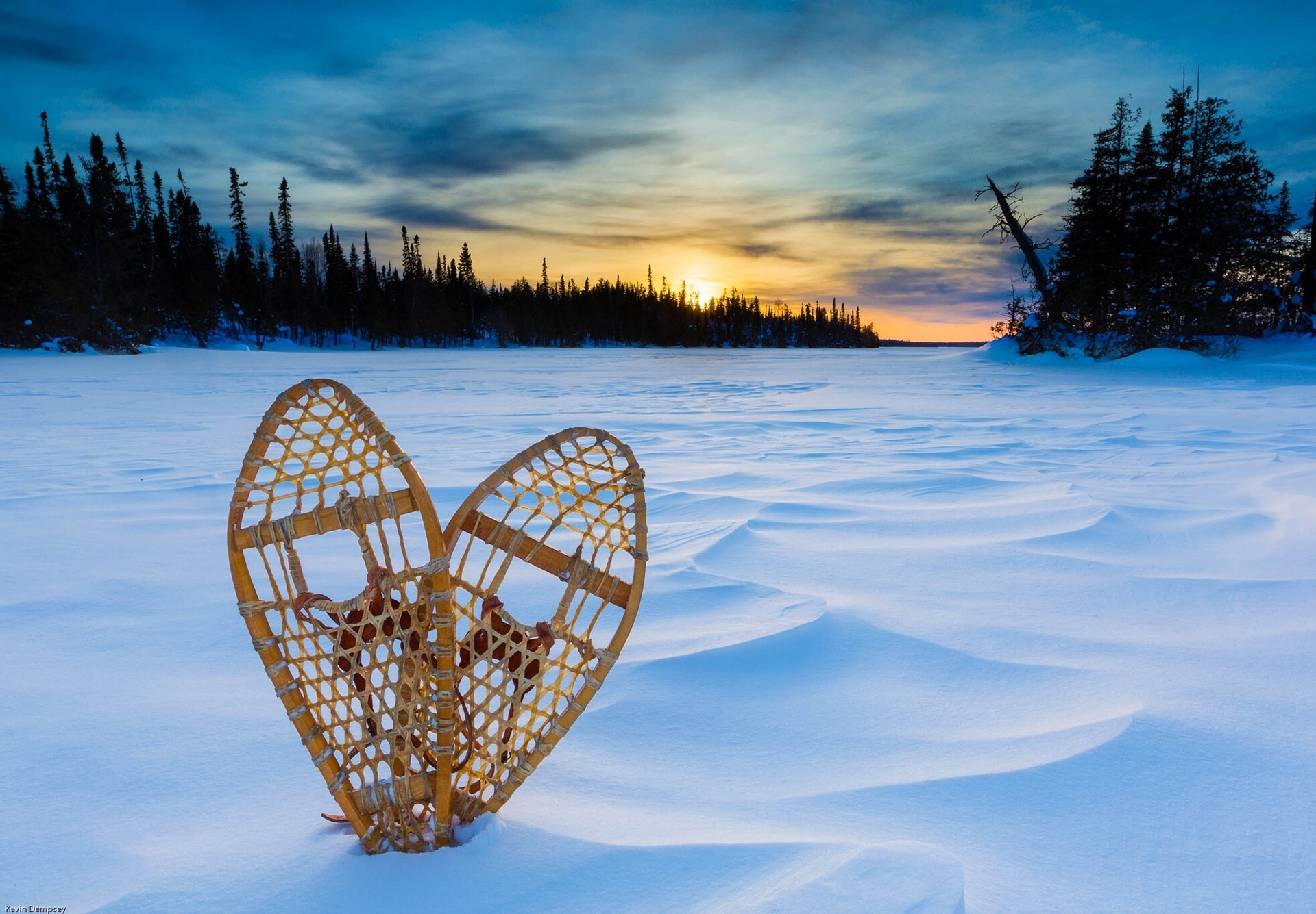 lake, Superior, Sunset, Snow, Snowshoes, Winter Wallpaper