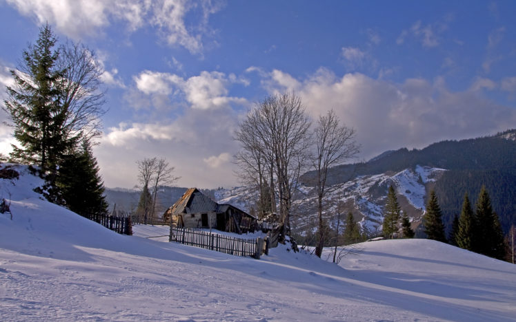 romania, Winter, Snow, House, Trees, Mountains, Landscape HD Wallpaper Desktop Background