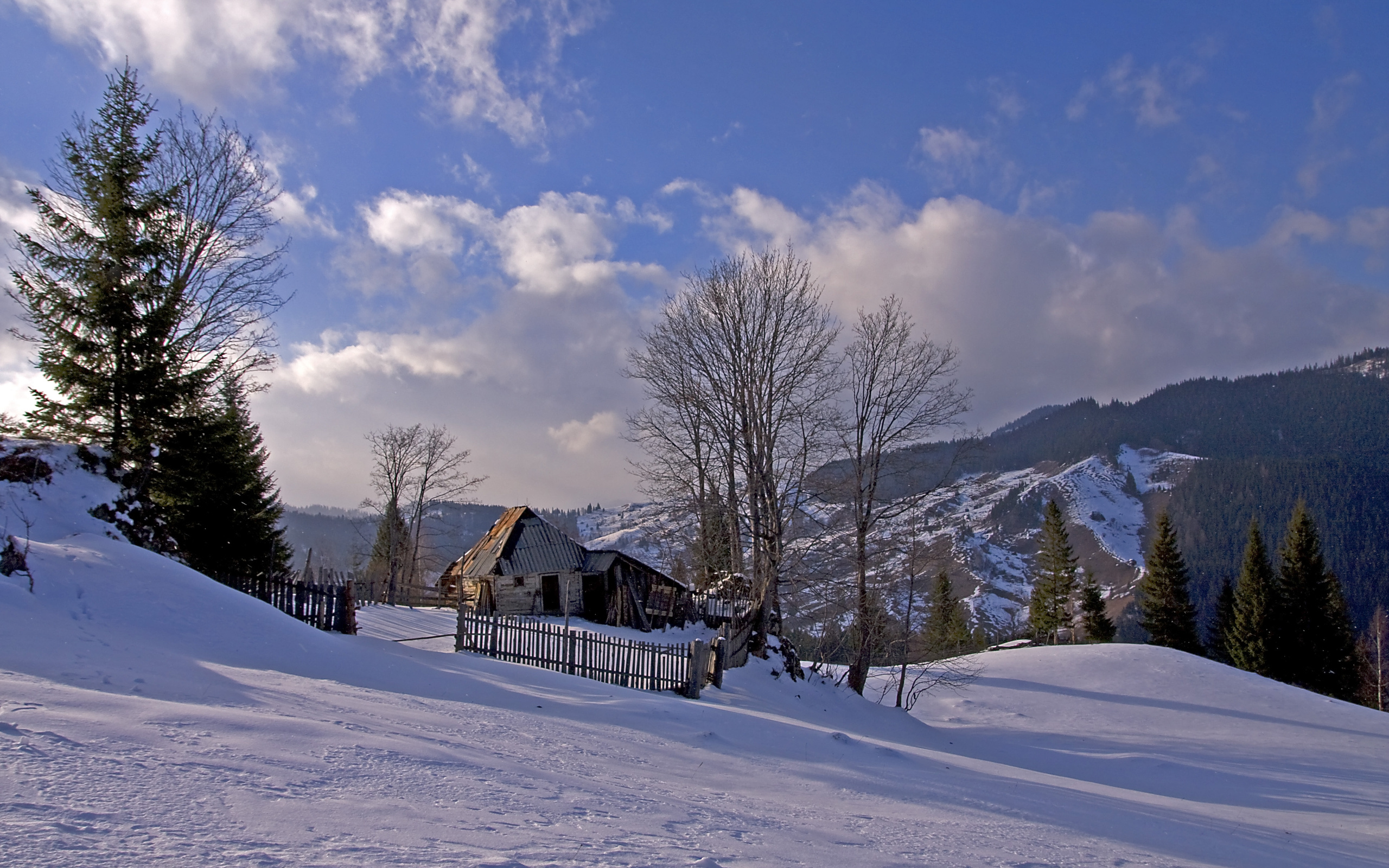 romania, Winter, Snow, House, Trees, Mountains, Landscape Wallpaper